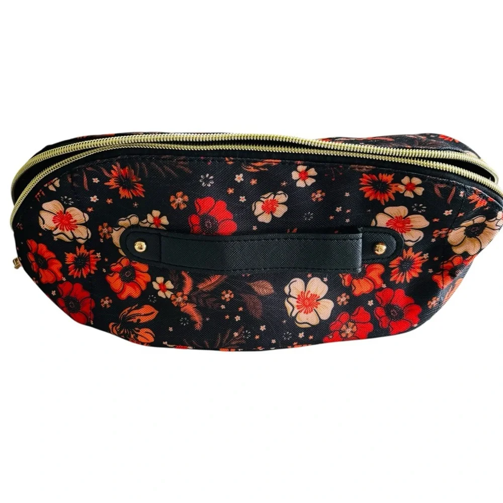 NWOT Simply Southern Black Red Orange Large Floral Cosmetic Bag with Gold Zipper